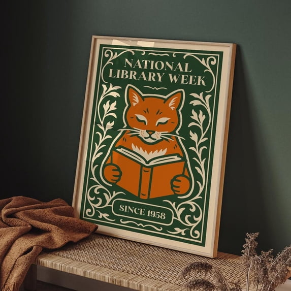 Cat Reading Poster National Library Week Design 5, Stretched Canvas ...