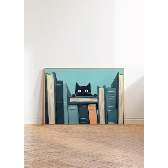 Cat Reading Print Black Wall Art Book Lover Illustration Library Decor Book Unframed Paper Print