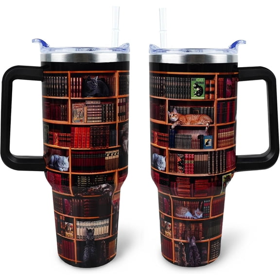 Cat Reading Tumbler 40 oz Tumbler with Handle and Straw Lid Leak Proof - Birthday Gifts for Women Travel Coffee Mug Insulated for Hot Cold Ice - Cat Gifts for Women Book Lovers Christmas