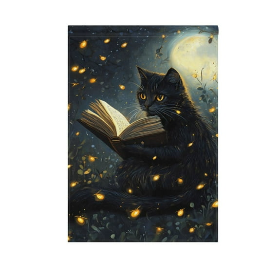 Cat Reads Book on Night Garden Flag 28X40 Double Sided Yard Flags for Outside Outdoor All Seasonal Decoration