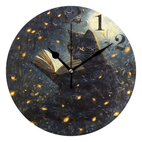 Cat Reads Book on Night Round Wall Clock Battery Operated Silent Non-Ticking Bedroom Office Kitchen Home School Decor 10"(Black)