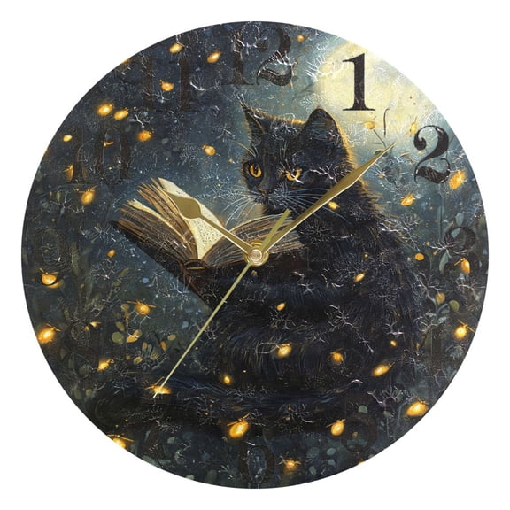 Cat Reads Book on Night Round Wall Clock Battery Operated Silent Non-Ticking Bedroom Office Kitchen Home School Decor 10"(Gold)