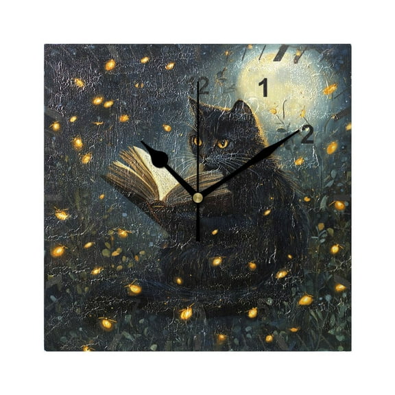 Cat Reads Book on Night Wall Clock Battery Operated Silent Non-Ticking Bedroom Office Kitchen Home School Decor 7.8"(Black)