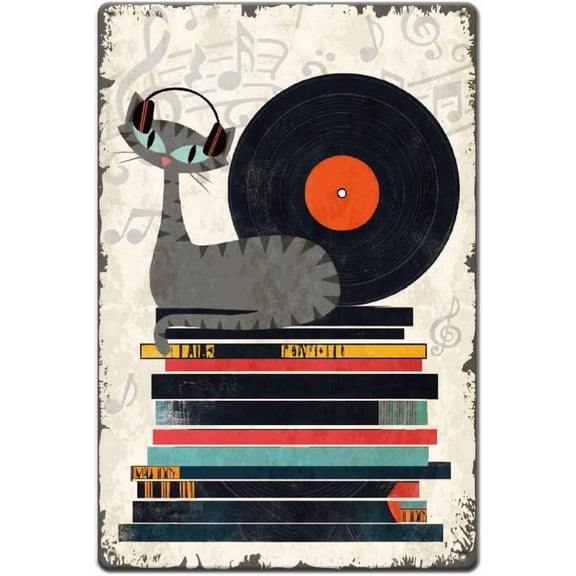 Cat Records Tin Sign Music Record Retro Metal Poster Funny Music Cat Vintage Wall Plaques