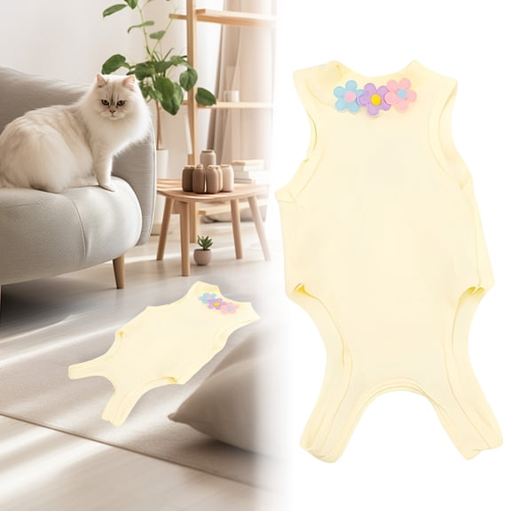Cat Recovery Suit, Soft Breathable Cotton Surgical Onesie After Spay Neuter, Anti-Lick Protective Pet Apparel Alternative to Cone, Adjustable, Light yellow