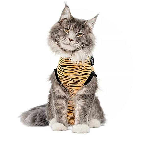 Cat Recovery Suit - Cat Recovery Suit for Spay, Neuter, Suture, Incision, & Skin Conditions - Breathable Fabric with Back Opening - 40-45 cm Neck to Tail - XS Cat Suit by Suitical, Tiger Print