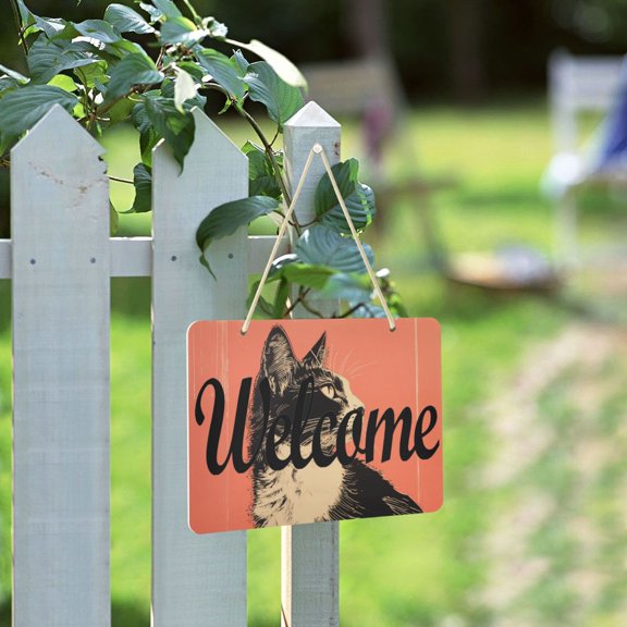 Cat Red Welcome Sign for Front Door Porch Wreath Door Sign Home Decoration Rustic Farmhouse Style