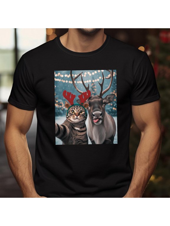 Cat & Reindeer Selfie Shirt, Cute Animal Tee, Selfie T-Shirt, Photo Cat Shirt, Cat Lovers