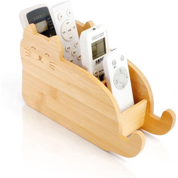 Cat Remote Control Holder, Bamboo Organizer for TV Remotes, Makeup Brushes, Office Supplies, 4 Compartments Desk Caddy for Living Room, Bedroom, Office Modern Farmhouse Decor Christmas Gift
