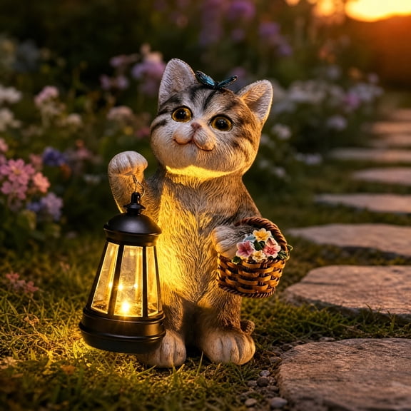 Cat Resin Garden Statue with Solar Light, 7.9 Inch Weatherproof Outdoor Decor for Lawn Patio