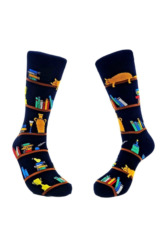 Cat Resting on a Bookshelf Socks (Adult Large - Men's Shoe Sizes 8-12)