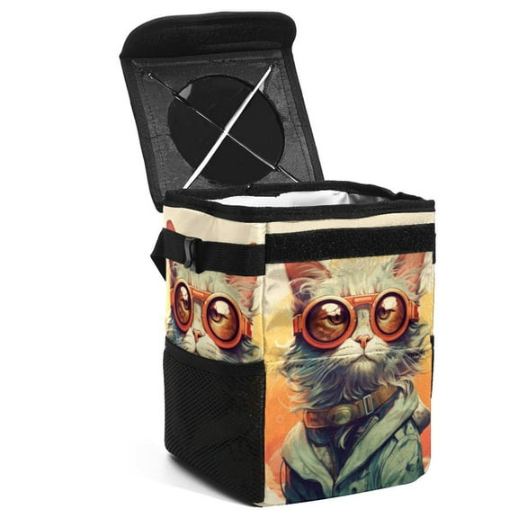 Cat Retro Foldable Car Garbage Can with Lid - Leak-proof Mini Trash Can, Hanging Storage Bag for Auto