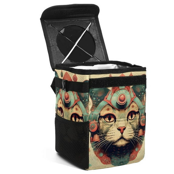 Cat Retro Foldable Car Trash Can with Lid, Leak-Proof Mini Trash Can, Car Trash Bin, Trash Can for Car with Hanging Storage Bag