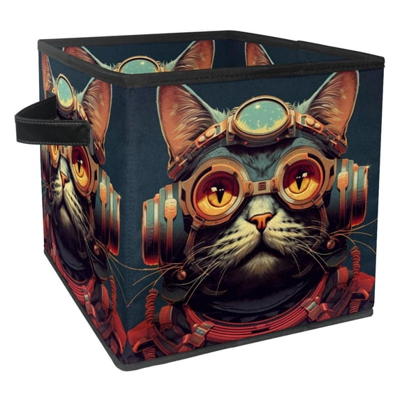 Cat Retro Foldable Storage Baskets with Handle, 10.8"x10.5"x10.6", Large Capacity - Organizer Bins for Clothes Storage, Storage Cubes