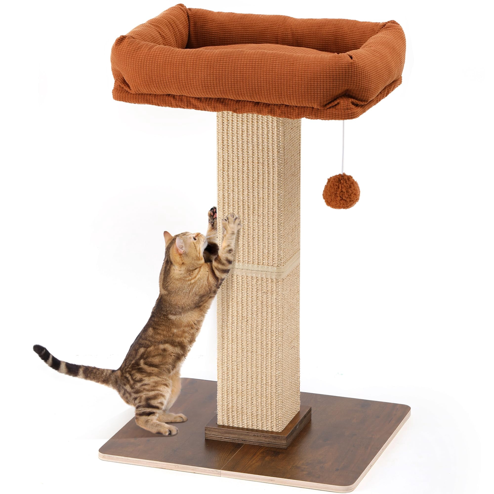Brown Tall Cat Scratch Post Perch Tower, Sisal & Solid Wood, for Adult Cats