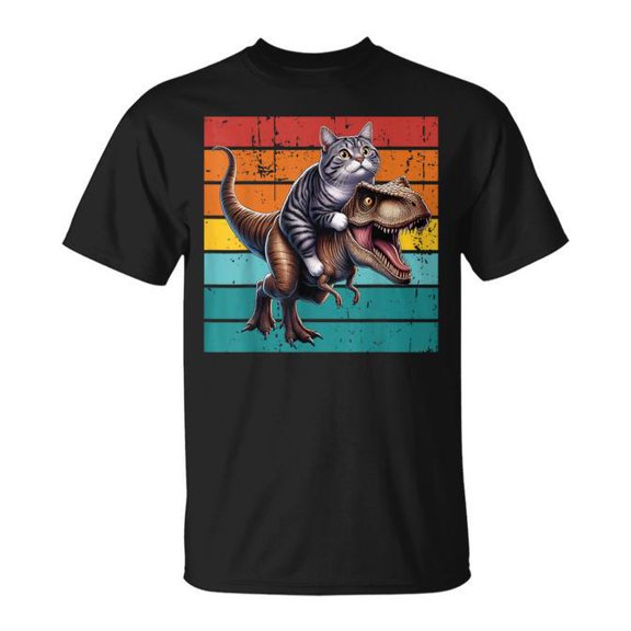 Cat Riding Dinosaur T-Rex Cat T-Shirt Size S-5XL