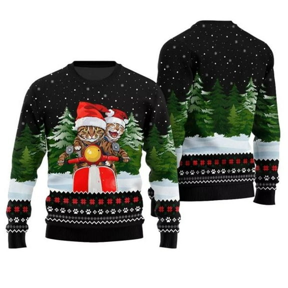 Cat Riding Motorcycle Ugly Christmas Sweater