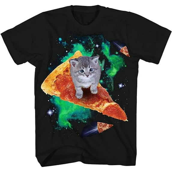 Cat Riding Pizza Galaxy Kitten Outerspace Neon Classic Retro Neon Funny Humor Pun Adult Men's Graphic T-Shirt