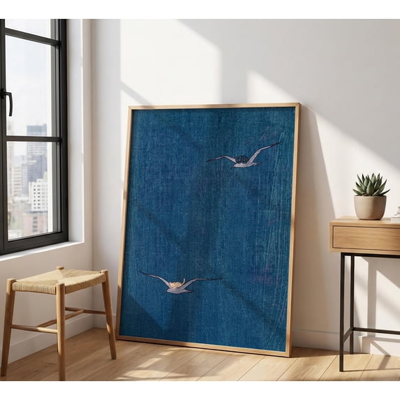 Cat Riding Food Cat Riding Seagull Print , Japanese Woodblock Art, Indigo Blue Wall ...