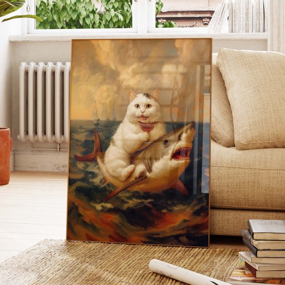 Cat Riding Shark Crazy Feline Wall Art