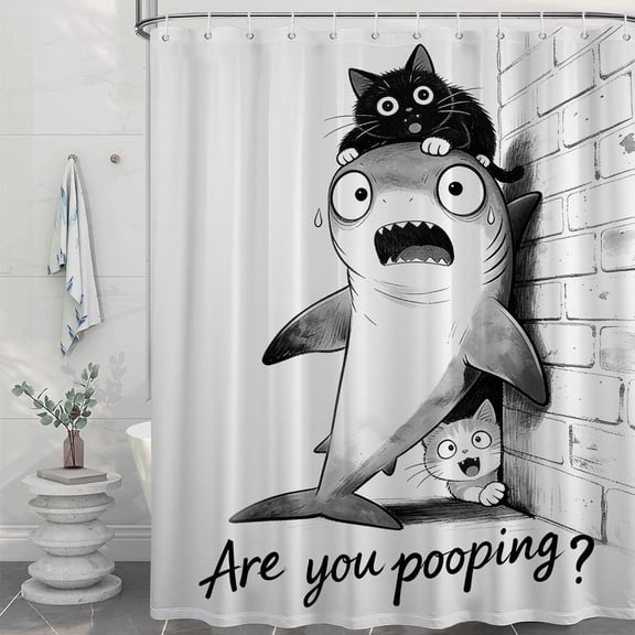 Cat Riding Shark Shower Curtain Funny Black Cat Cool Teen Boys Shower Curtains for Kids Bathroom Decor Sets, Waterproof Cloth Fabric with Hooks, 36 x 72 Inch