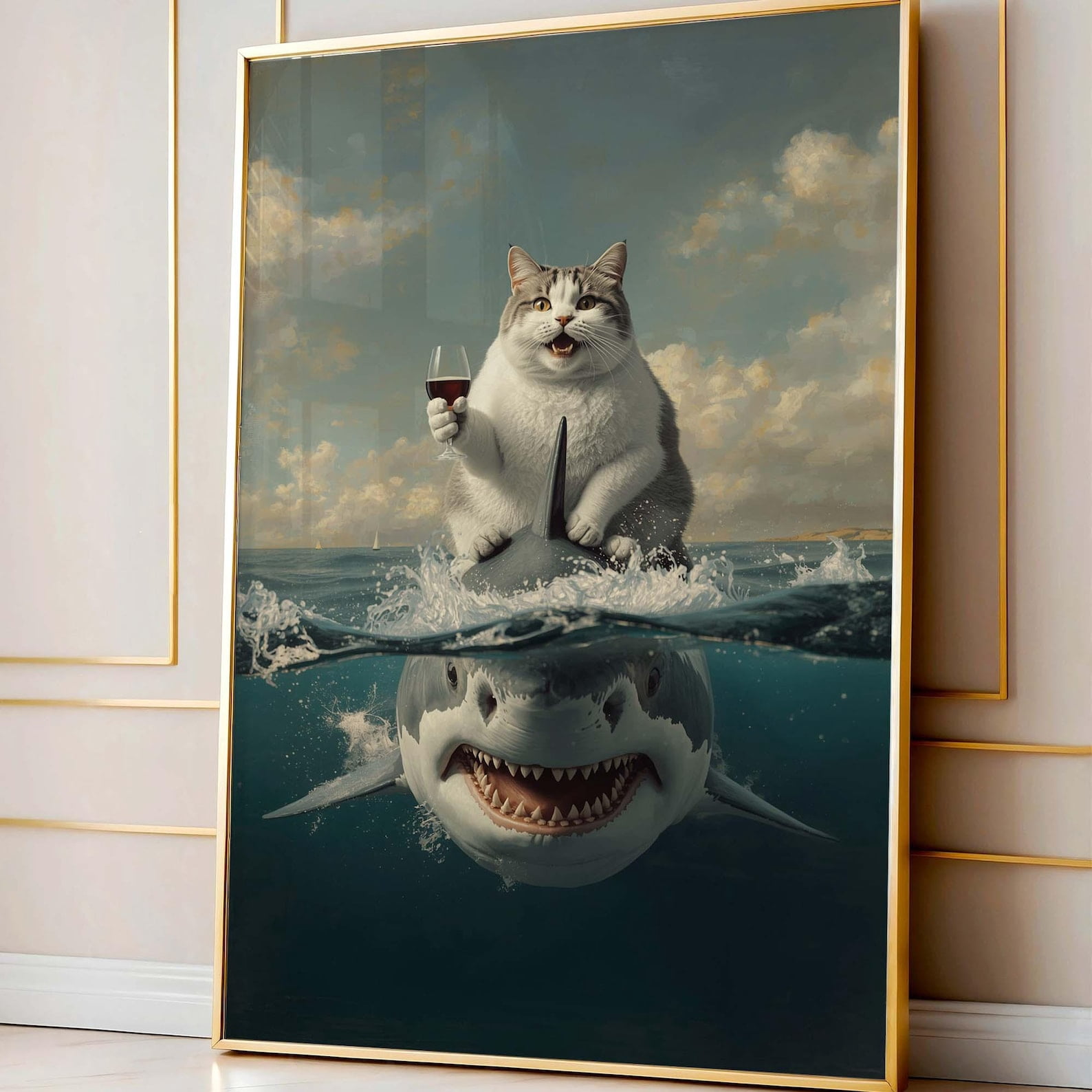 Cat Riding Shark Wall Art Whimsical Animal Poster Cat With Wine Print ...