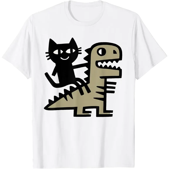 Cat Riding T-Rex Art – Funny Dinosaur and Cat Illustration T-Shirt