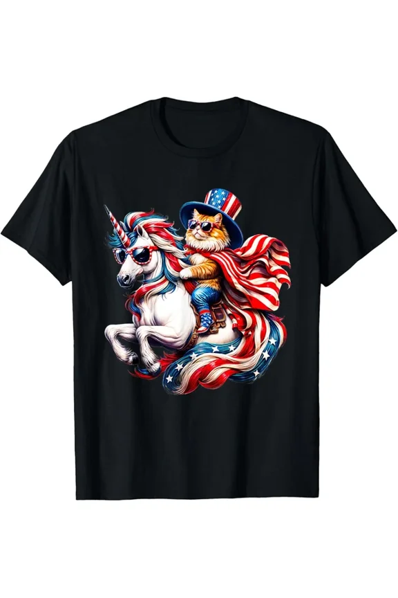 Cat Riding Unicorn Usa Flag Patriotic 4Th Of July T-Shirt Unisex S-5XL Hot Trending Shirt, Vintage Birthday Gift