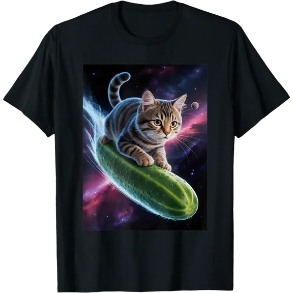 Cat Riding a Cucumber Pickle in Space Astronaut Kitten T-Shirt
