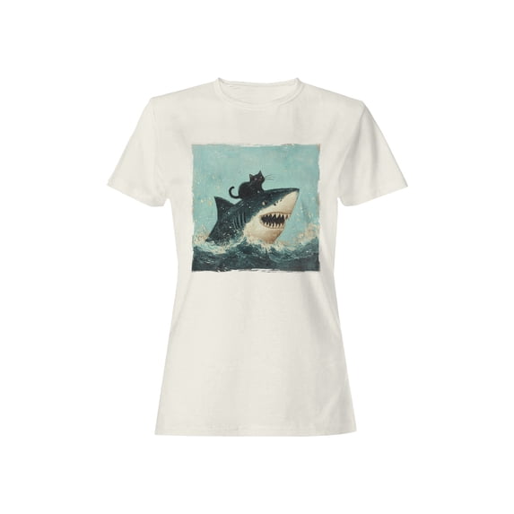 Cat Riding a Shark Artwork Women's T-shirt