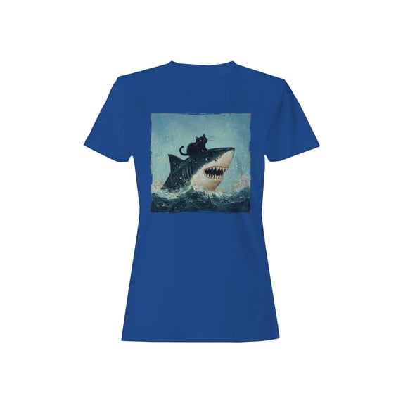 Cat Riding a Shark Artwork Women's T-shirt