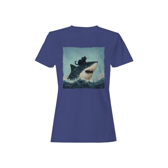 Cat Riding a Shark Artwork Women's T-shirt