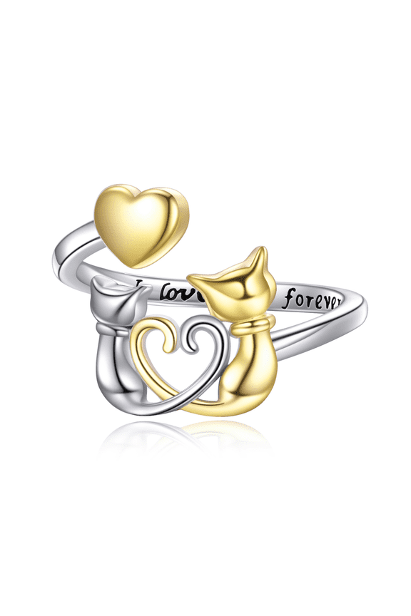 Cat Ring Sterling Silver Two Cat Jewelry Cute Animal Birthday Gifts for Women Mother