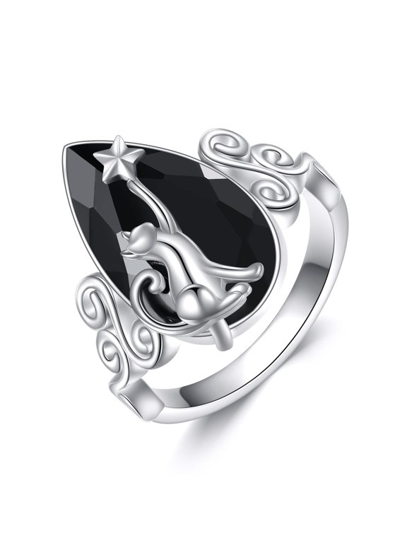 Cat Ring Sterling Silver Vintage Black Tourmaline Ring Crystal Healing Jewelry Spiritual Protection Gifts for Women 7#