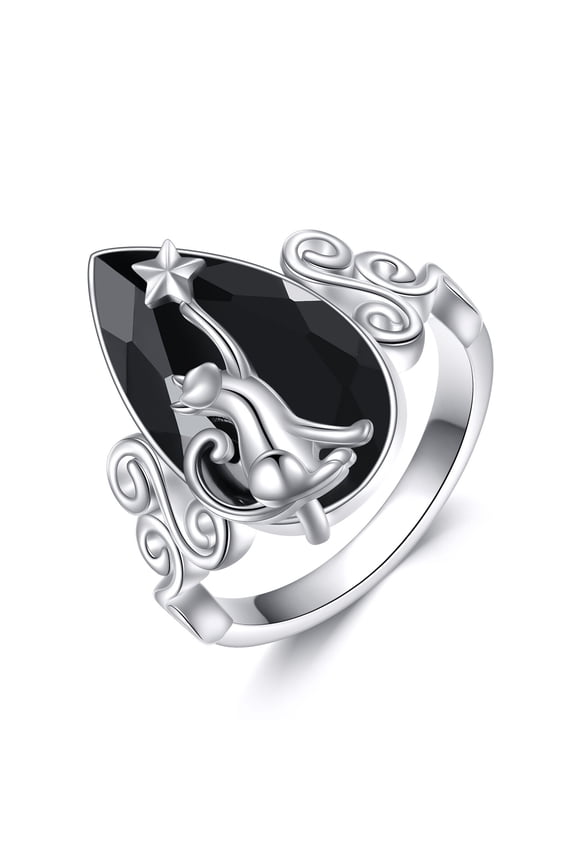 Cat Ring Sterling Silver Vintage Black Tourmaline Ring Crystal Healing Jewelry Spiritual Protection Gifts for Women 8#