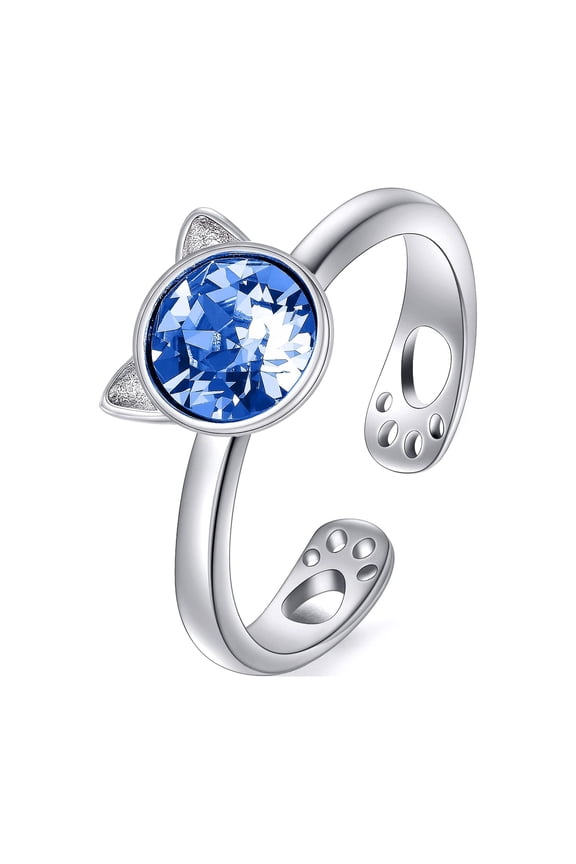 Cat Ring with Simulated Sapphire September Birthstone Ring 925 Sterling Silver Animal Cat Adjustable Open Ring Cat Jewelry Gifts for Women