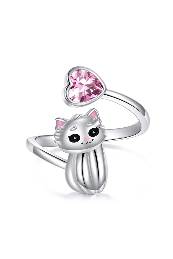 Cat Rings 925 Sterling Silver Cute Heart Cat Rings for Women