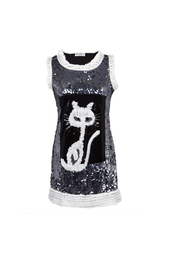 Cat Ripped Fabric White Sequined Women's Dress - Large