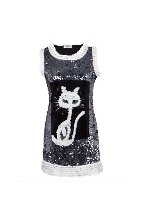 Cat Ripped Fabric White Sequined Women's Dress - Small