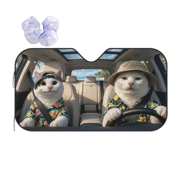 Cat Road Trip Windshield Sunshade - Cute Beach Style Auto Visor, UV Ray Protection Heat Shield for SUV Truck Sedan, Foldable Car Interior Accessory, Universal Fit