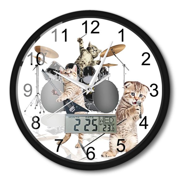Cat Rock Band Modern Design Metal Frame Wall Clock with LCD Display Ideal Decoration,Kitty Playing Guitar Drums Silent Sweep 12'' Round Clock for Musician Home Studio Decor Cat Lover Gift