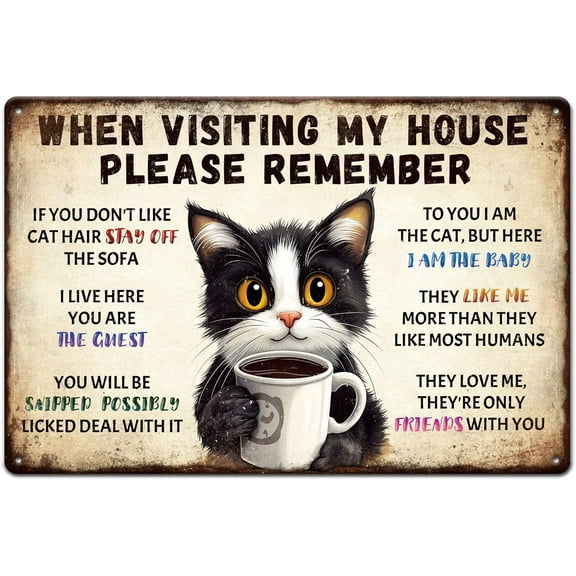 Cat Room Rules Metal Tin Sign "WHEN VISITING MY HOUSE PLEASE REMEMBER" Vintage Painting Tin Signs 12x8inch Retro Wall Art Plaque Poster for Home Office Pet Shop Decoration