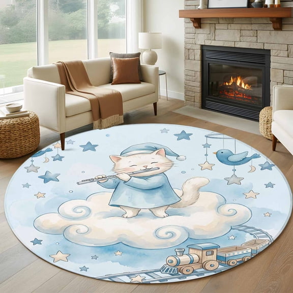 Cat Round Rugs for Living Room 7ft Cartoon Blue Hat Cat Cloud Train Track Bird Toys Blue Non Slip Circle Rug Washable Low-Profile Indoor Carpet for Bedroom, Dining Room, Bathroom