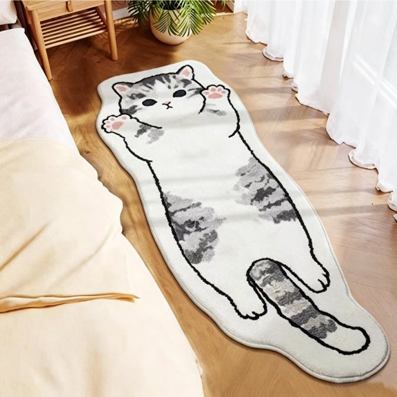 Cat Rug for Bedroom, Washable Cats Shaped Area Rug, Cute Cartoon Cat Runner Rug, Soft Plush Irregular Carpet, Non Slip Cats Print Rug for Bathroom, Entryway Decor