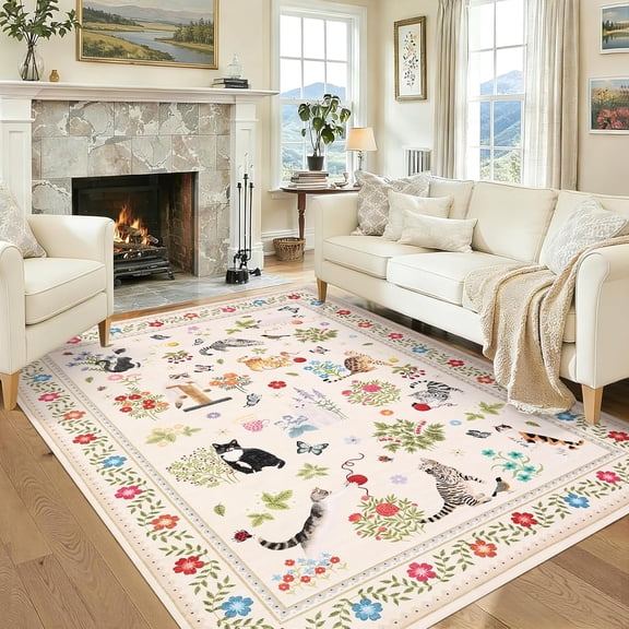 Cat Rugs for Entryway 6x9 Washable Rug for Living Room, Non Slip Non Shedding Modern Floral Area Rug Stain Resistant Low Pile Farmhouse Floor Covering for Bedroom, Dining Room, Nursery, Beige