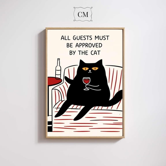 Cat Rules Poster Black Cat Wall Art Minimalist Sofa Poster , Poster Print Only
