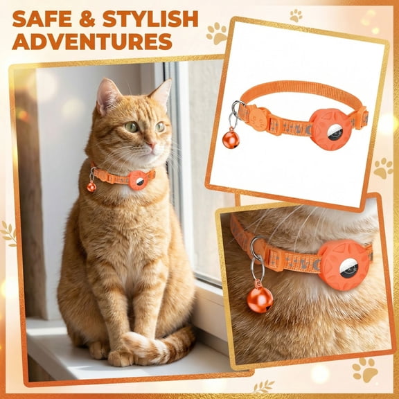 Cat Safety Neck Wear, Cat Collar Airtag Holder, Cat Collar with Tracker, Air Tag Cat Collar, Vibrant Orange 8-13 Inch Reflective Patterned Collar with Attached Jingle Bell and