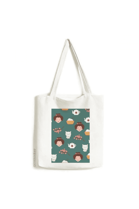 Cat Sakura Rice Teapot Japan Tote Canvas Bag Shopping Satchel Casual Handbag