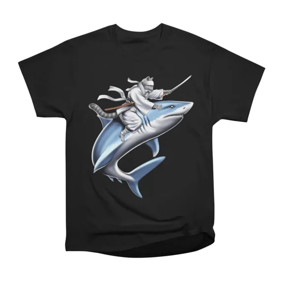 Cat Samurai Ninja Riding Shark T-Shirt Tee Gift For Him Merch For Her Apparel For Friend