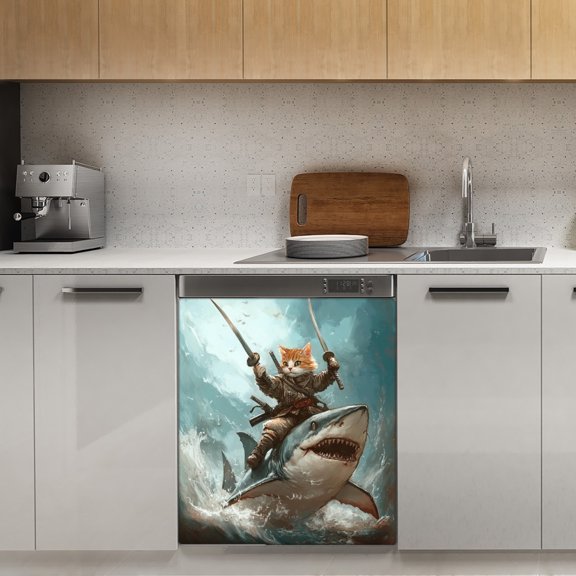 Cat Samurai Riding Shark Dishwasher Magnet Cover Decorative Sticker for Home Cabinet Kitchen 23" x26"